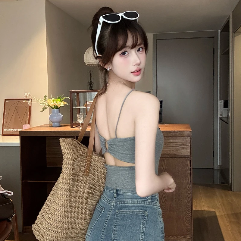 露背小吊带背心带胸垫女打底夏季外穿内搭设计感甜美辣妹性感美背
