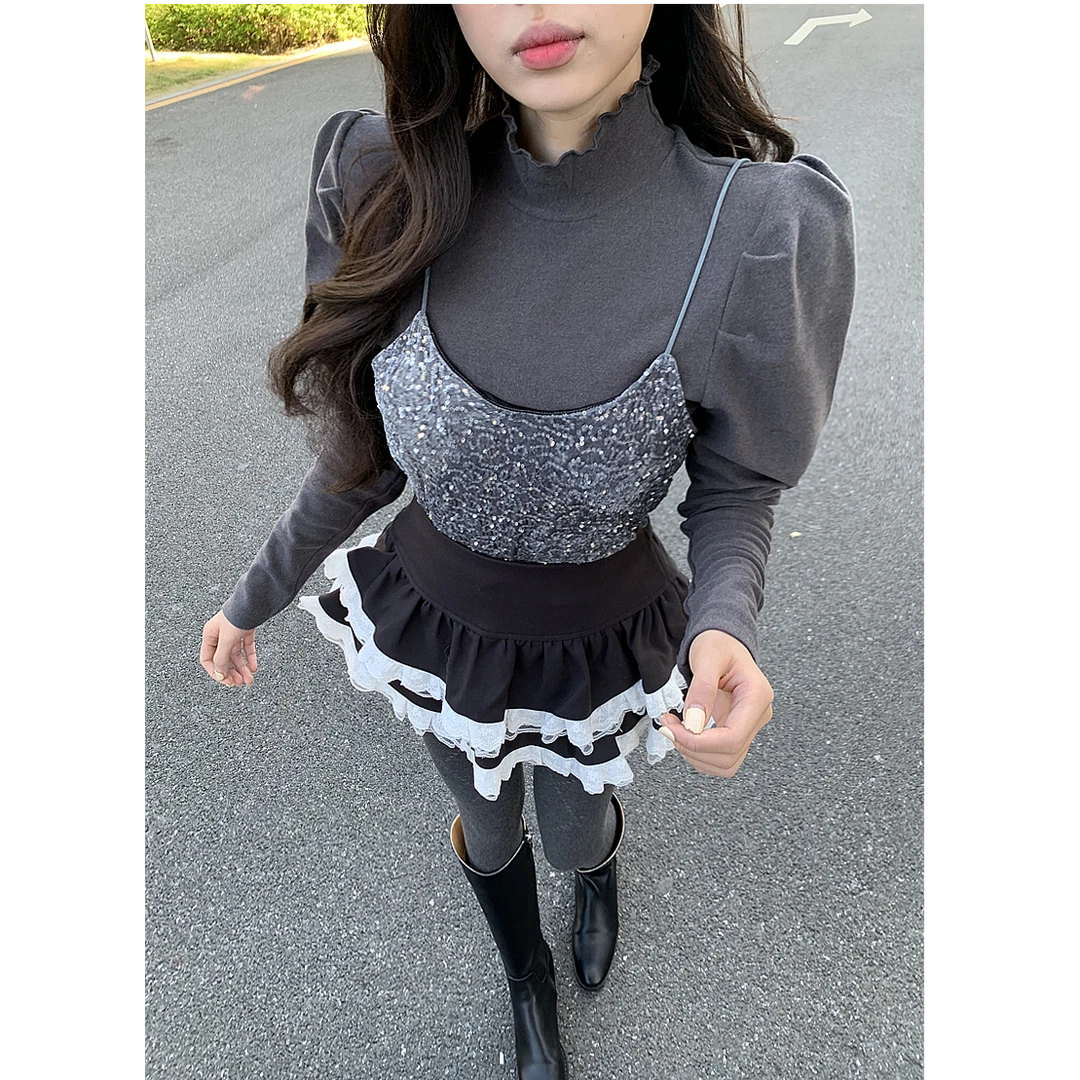 【赫拉小姐】原单蛋糕裤裙 泡泡袖高领打底珠片吊带真两件套上衣