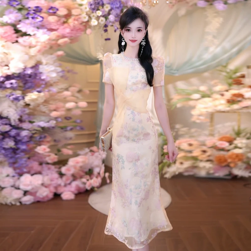 夏季新款短袖包臀中长裙修身显瘦蕾丝刺绣绣花收腰包臀连衣裙6260