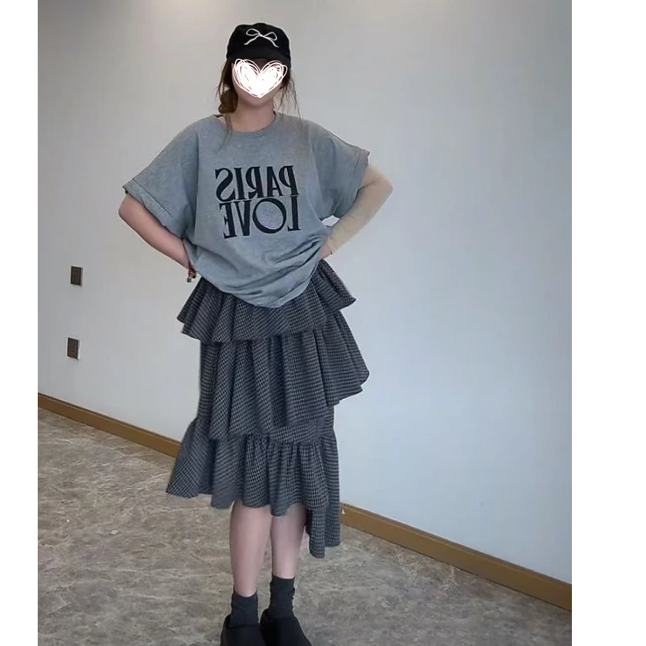 FRVXO【巴黎迷妹】卷袖印花短袖T恤英伦不规则格纹蛋糕半身裙套装