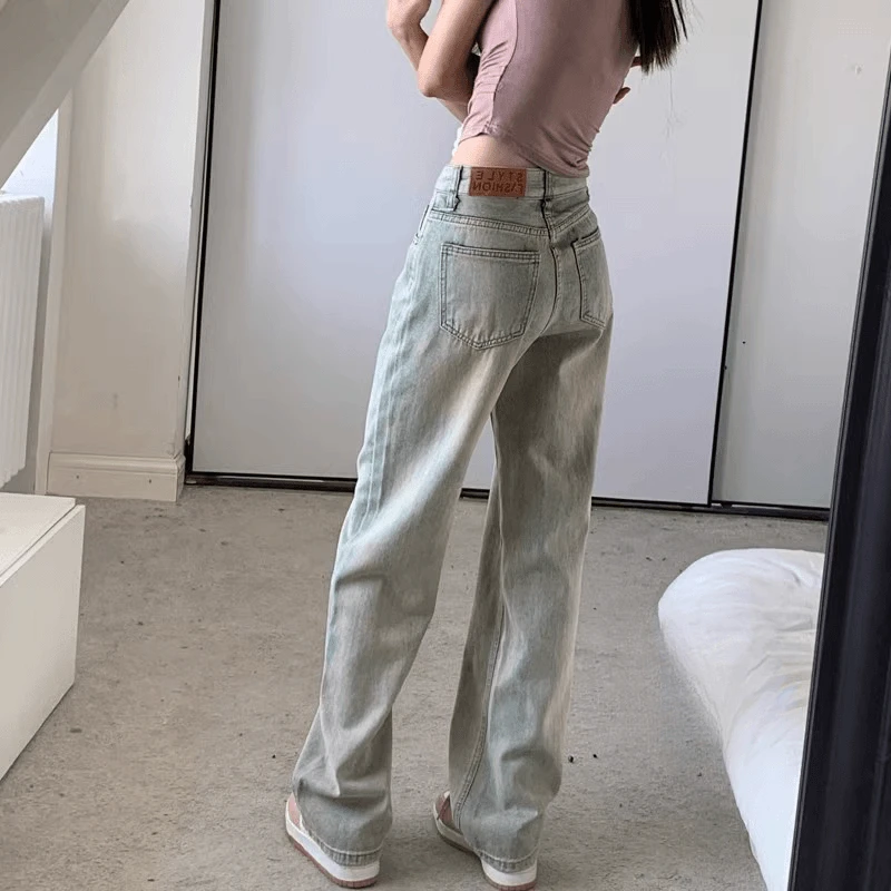 浅色直筒牛仔裤女2025春季新款美式高街阔腿显瘦垂感窄版拖地裤子