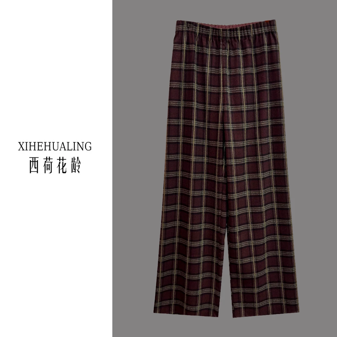 【西荷花龄严选】免熨烫新款三季高腰显瘦窄版直筒格子裤A89109