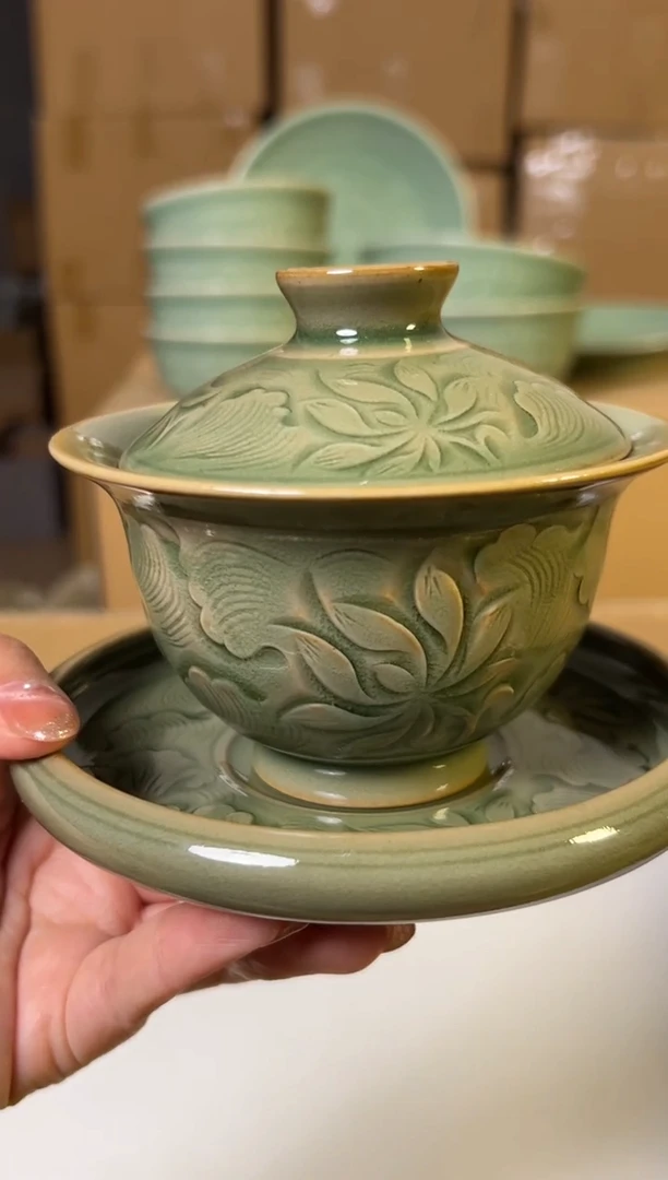 陶瓷耀州窑纯手工水波游莲元宝三才盖碗特价