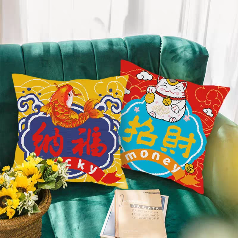 欧美兰十字绣抱枕自己绣简约卡通福运猫抱枕套手工线绣小件满绣