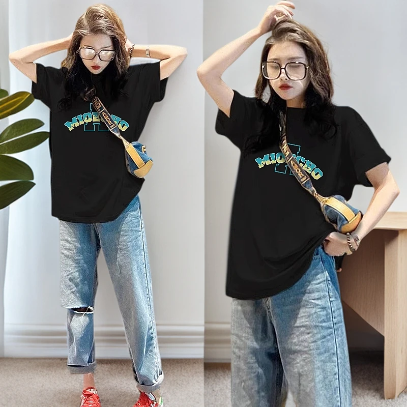 纯棉宽松大码遮肉显瘦T恤休闲时尚潮流印花2025新款短袖圆领上衣