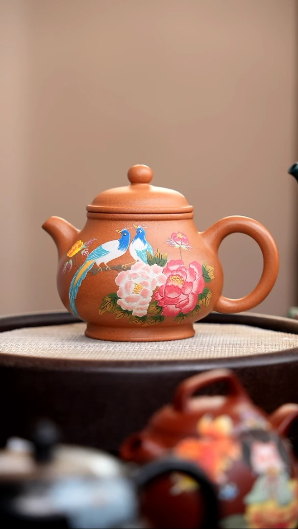 茶壶紫砂金砂段泥潘壶泥绘双鸟