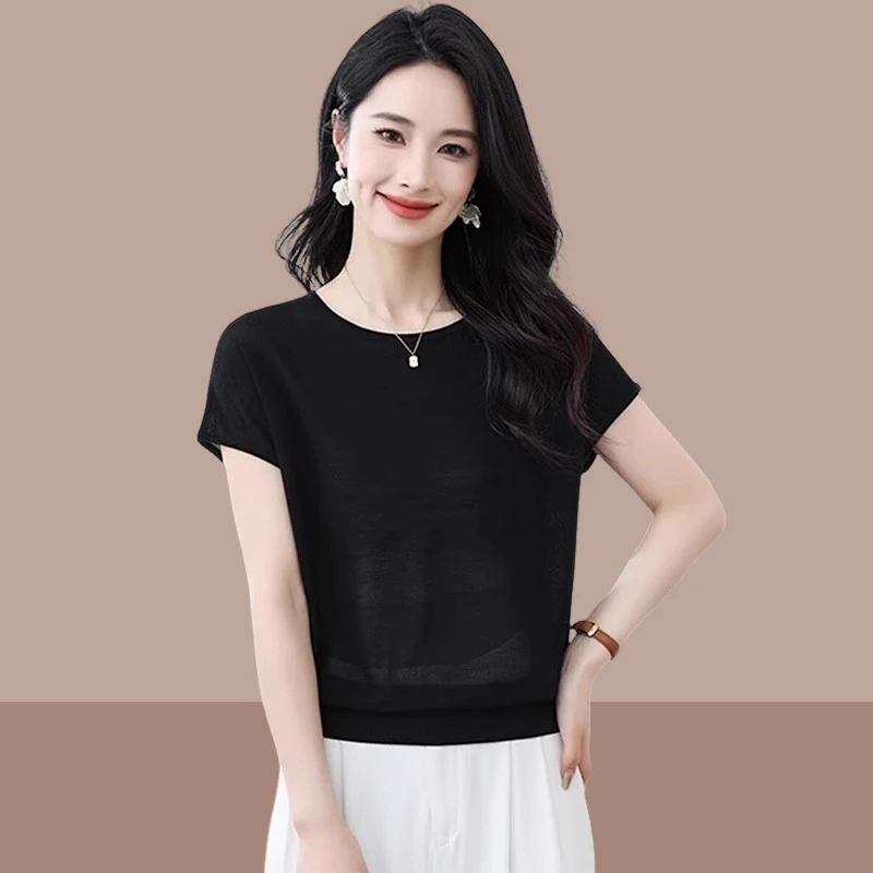 冰丝针织短袖t恤女2025新款夏季时尚洋气宽松遮肉显瘦圆领上衣服