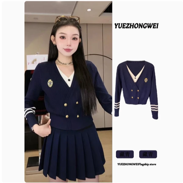 韩系减龄学院风假两件针织毛衣设计感显瘦百褶短裙两件套女秋冬季