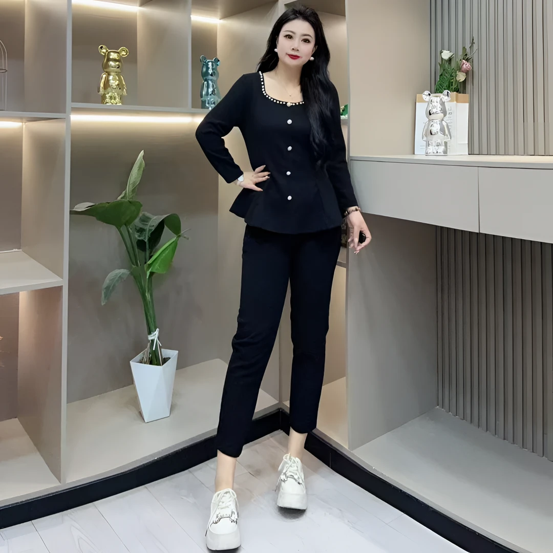 春季两件套-多 7450时尚洋气珠珠环领显瘦百搭款胖MM大码女装新款