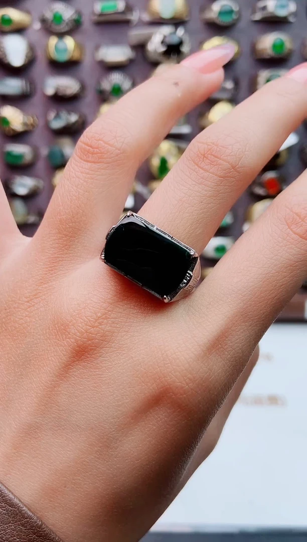 银S925镶嵌戒指翡翠天然翡翠男戒