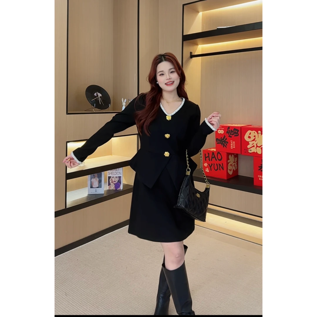 桃子微胖定制~【LDM1078】法式时尚小香风高级感假两件连衣裙