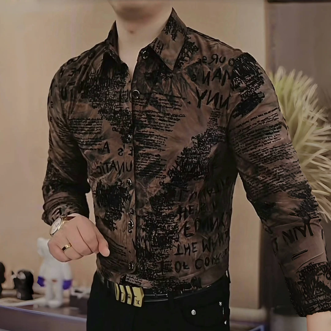 2025春秋衬衫长袖衬衣男士时尚休闲潮流修身印花植绒个性韩版痞帅