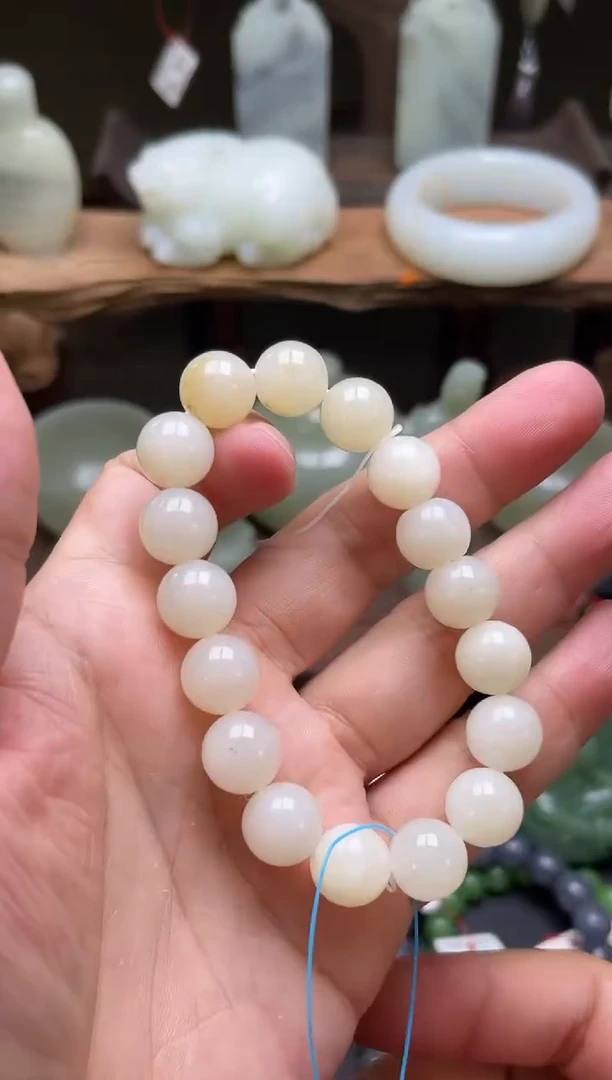 【闪购商品】和田玉手串未镶嵌卡12且末天泰白玉 圆珠 