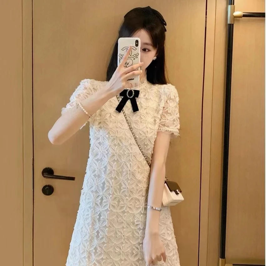 C31高端轻奢白色小香风连衣裙新款女夏季法式气质名媛显瘦裙子