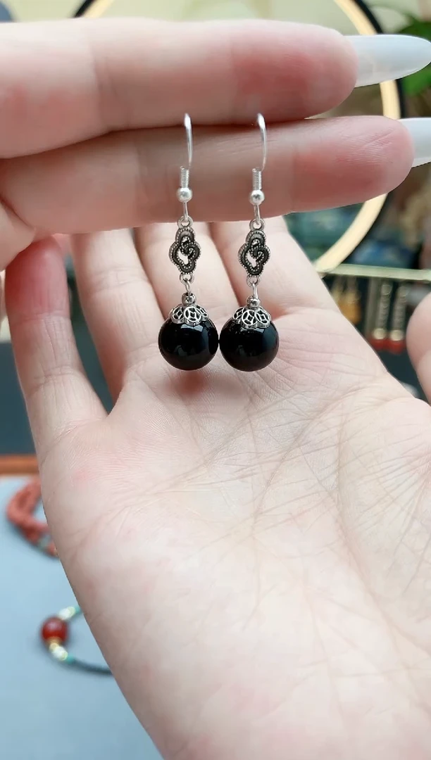 黑曜岩银S925镶嵌耳饰207