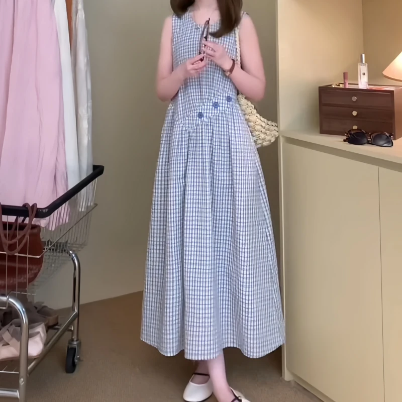 秋季甜美风时尚气质风格子长裙裙子无袖法式设计感拼接露肩连衣裙