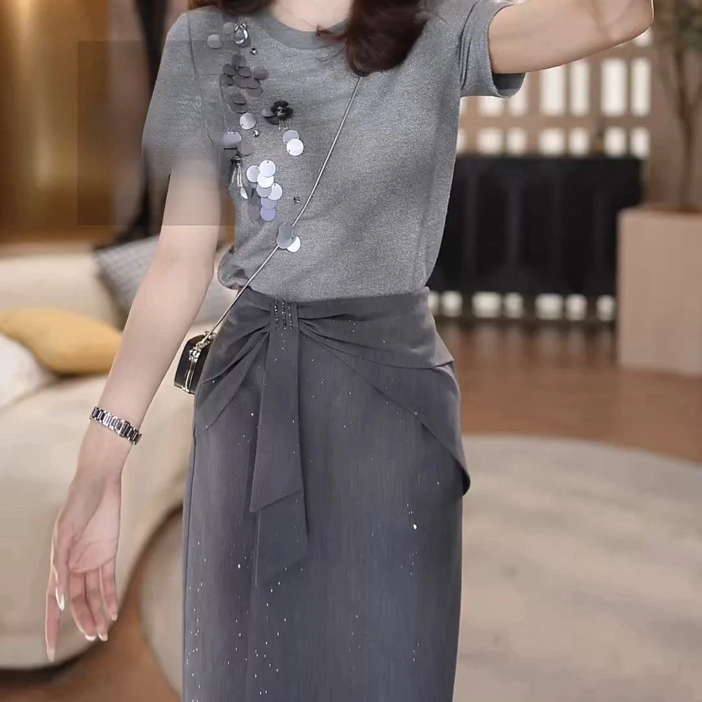 夏季新品潮流时尚休闲百搭小香风套装女短袖t恤裙子两件套