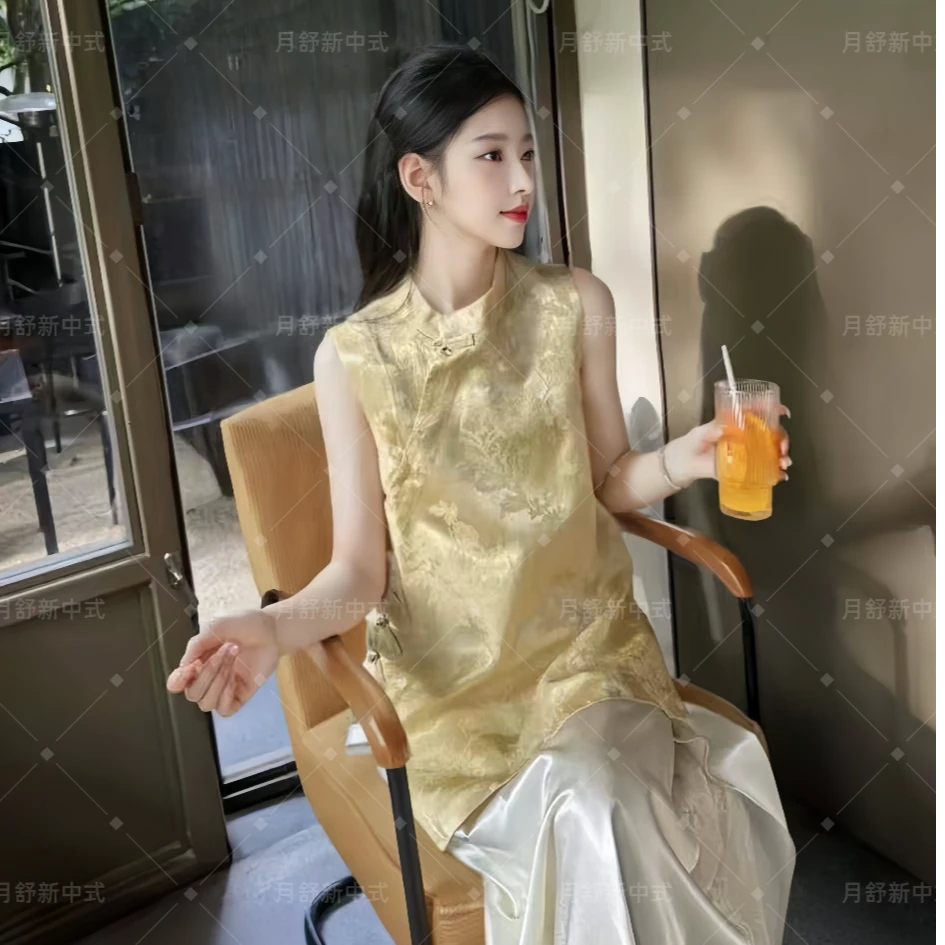 【年轮】鹅黄印花马甲上衣无袖衬衫背心新中式盘扣国风旗袍小衫女夏