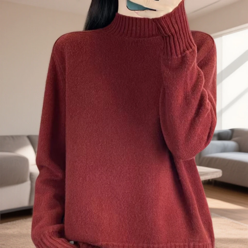 100纯羊毛衫半高领加厚马鞍肩针织打底衫宽松版秋冬新款百搭