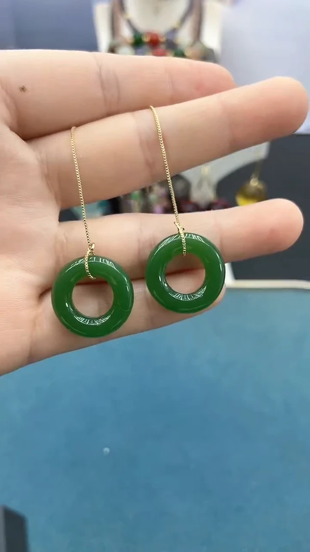 软玉14K金镶嵌耳饰20mm绿圈圈耳线