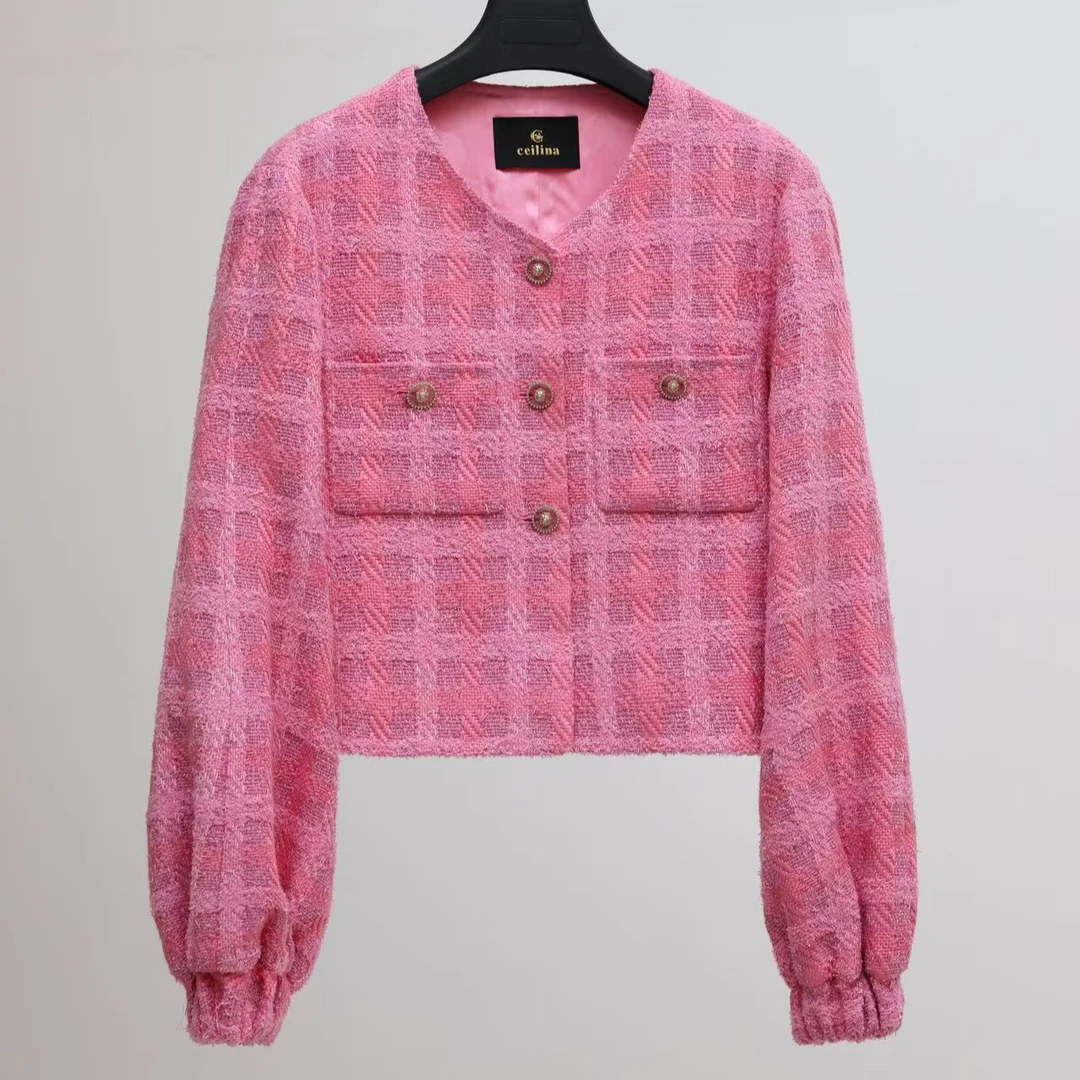 【晨老板】~ceilina【屿旖筱妤】时尚格纹短款长袖外套79242023