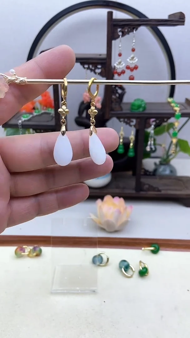 和田玉14K金镶嵌耳饰72号