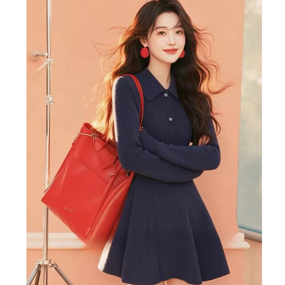 冬天配大衣的裙子富家千金高级感穿搭深蓝色polo领收腰显瘦连衣裙
