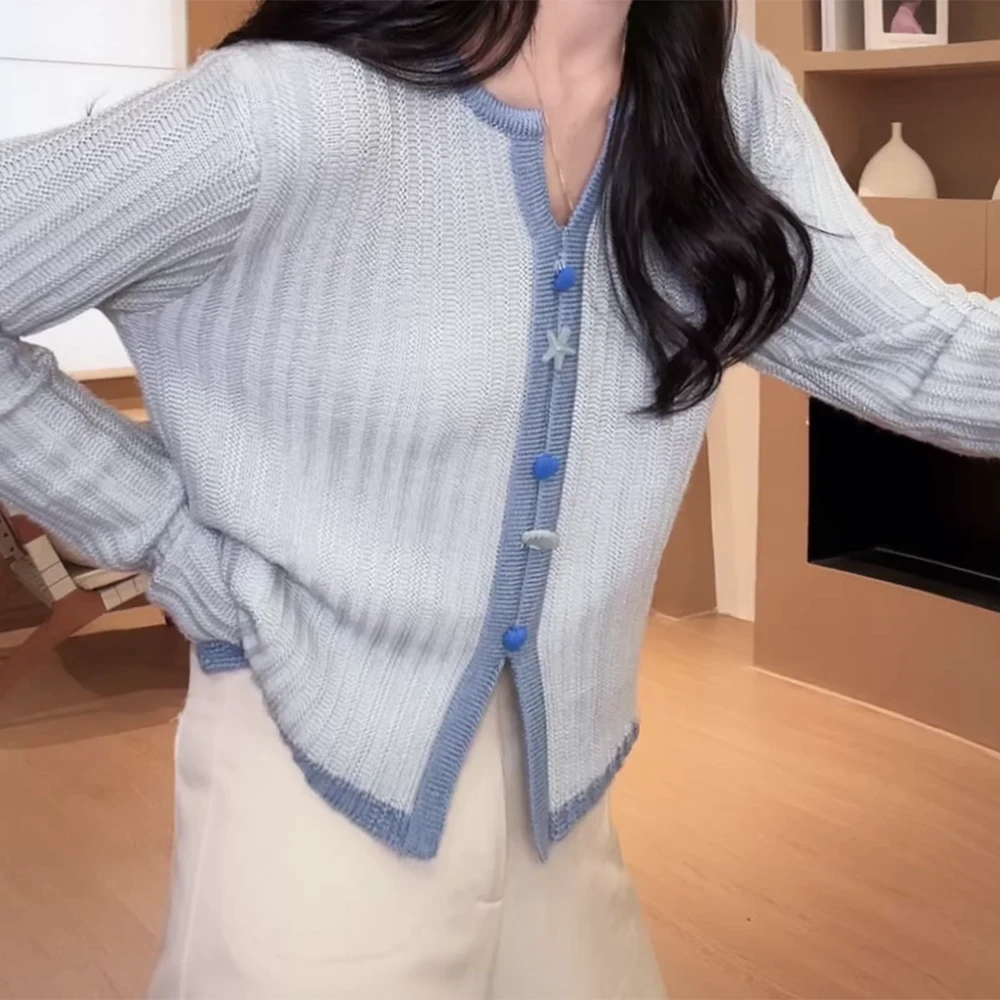 2025早春新款蓝色撞色薄款针织衫秋冬开衫百搭显瘦修身打底衫