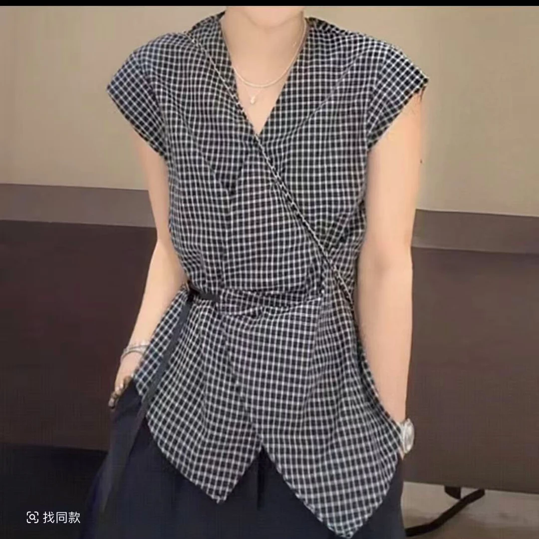 琦琦子 A5068# 东大门韩版复古收腰格子无袖衬衫复古收腰格子新款