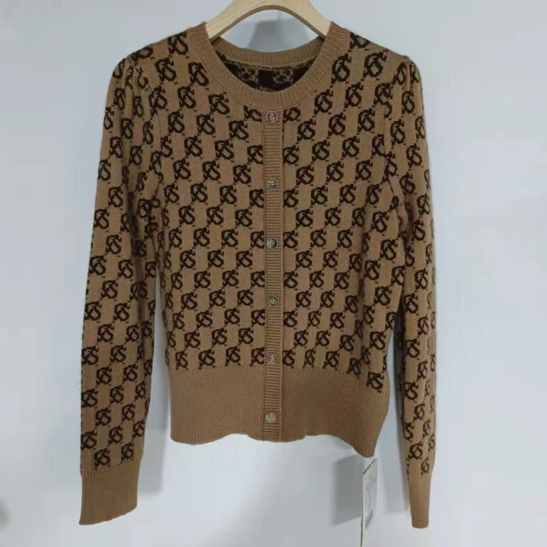 深棕色针织衫女圆领长袖假开衫外套通勤上衣毛衫慵懒风