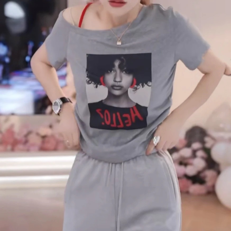 欧美女孩印花斜肩美式短袖上衣女2025年夏季新款修身百搭显瘦上衣