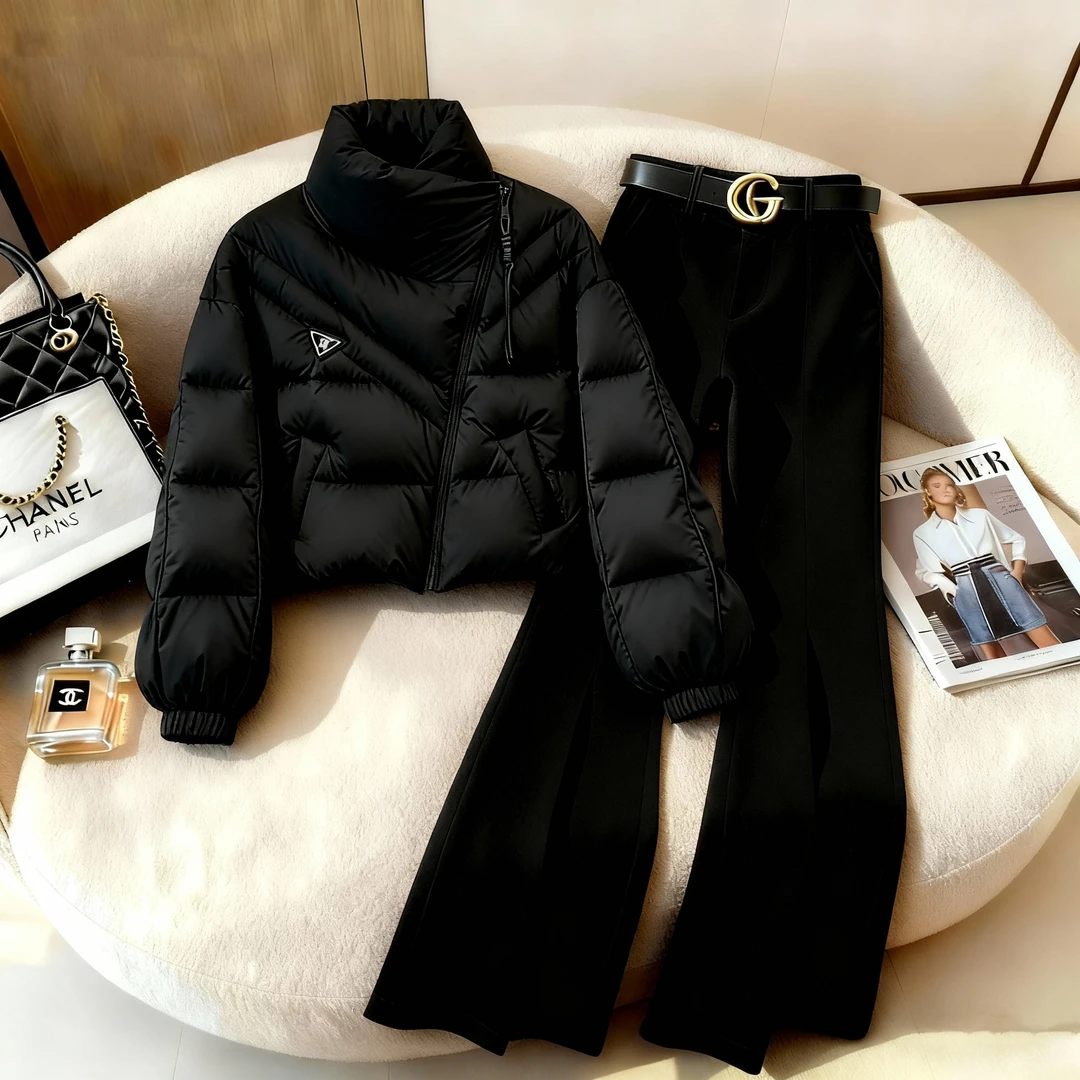 2025冬季韩版百搭网红时尚套装气质保暖棉服显瘦微喇裤一整套爆款