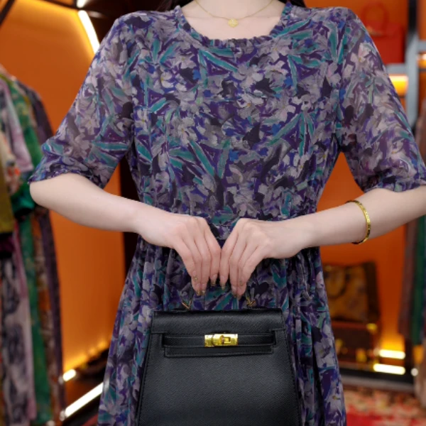 2025新款 [岱山潇湘] 高级感优雅春夏连衣裙圆领翻袖收腰显瘦长裙