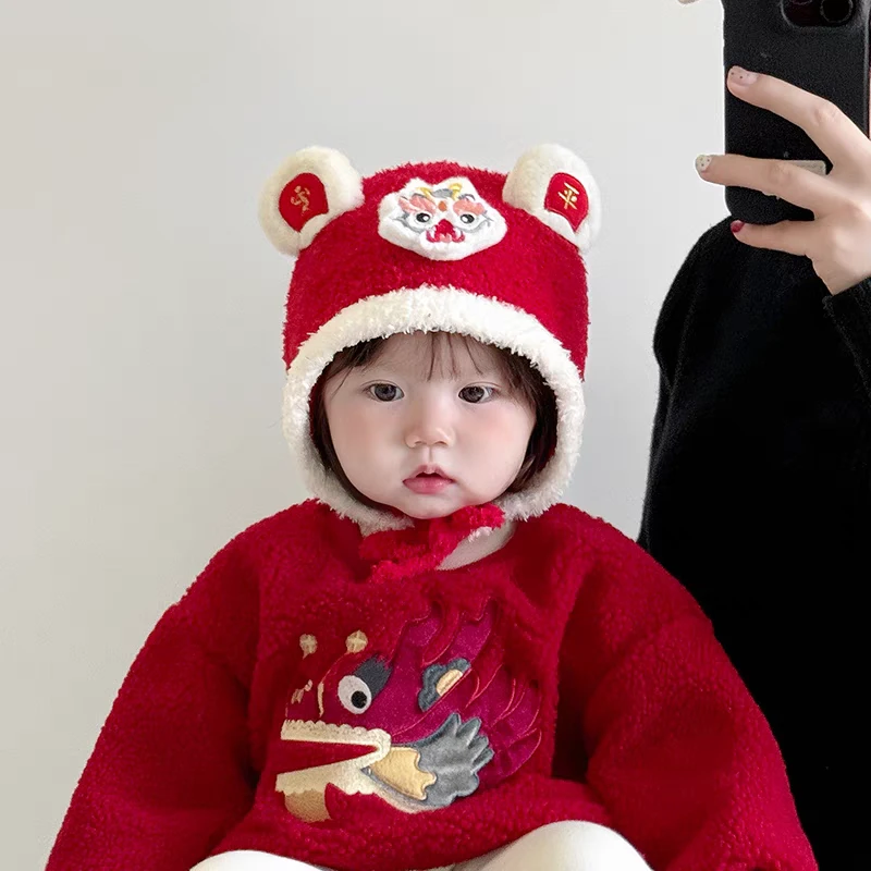 宝宝帽子冬天毛绒喜庆红色新年帽毛线帽婴幼儿加厚保暖针织护耳帽