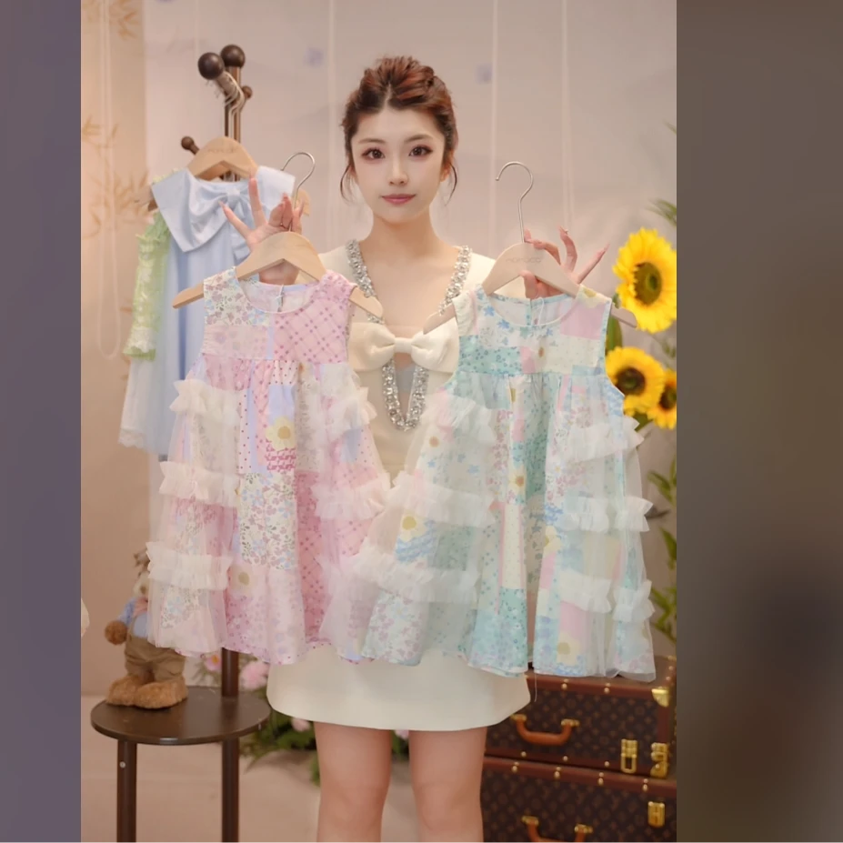 MOMOCO夏季新款纯棉网纱拼接女童碎花甜美连衣裙77630470152&3