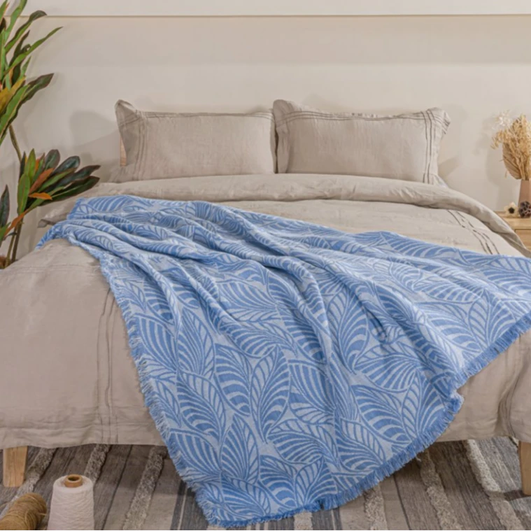 【叶槿繁】100%亚麻色织大提花流苏盖毯