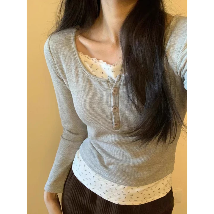 灰色碎花T恤女早春假两件高级感打底衫韩系小众修身辣妹内搭上衣