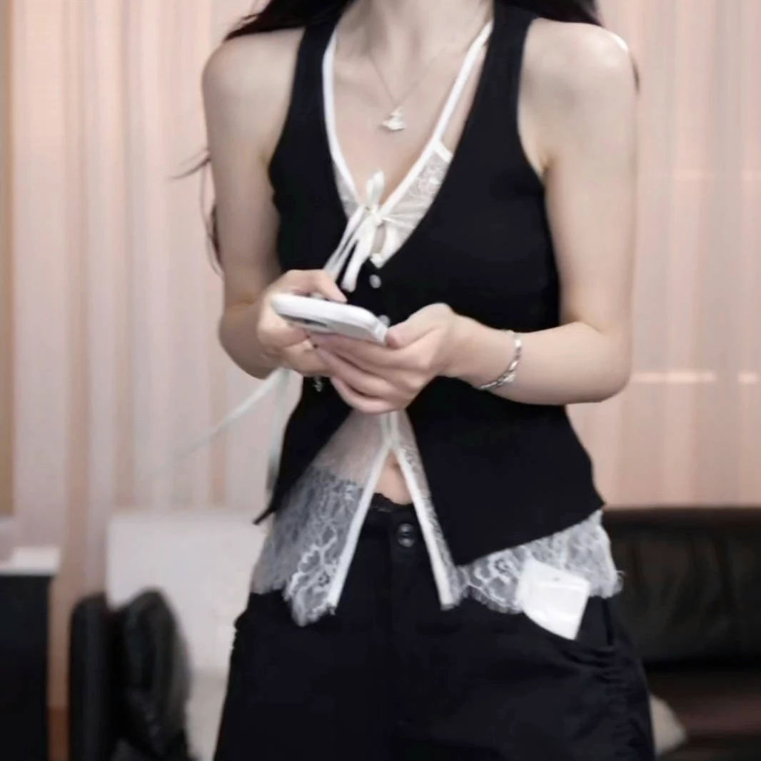 韩版ins风纯欲拼接蕾丝系带开衫2025年夏季新款修身显瘦无袖背心