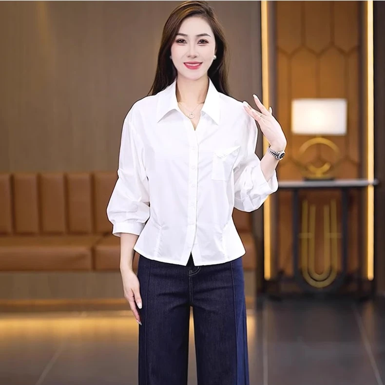 拉夏贝尔衬衫女装2025新款早秋季气质小个子上衣女士收腰减龄小衫