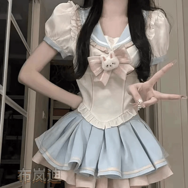 新款学院风甜美纯欲风小兔子蝴蝶结上衣女+高腰显瘦蓬蓬半身裙