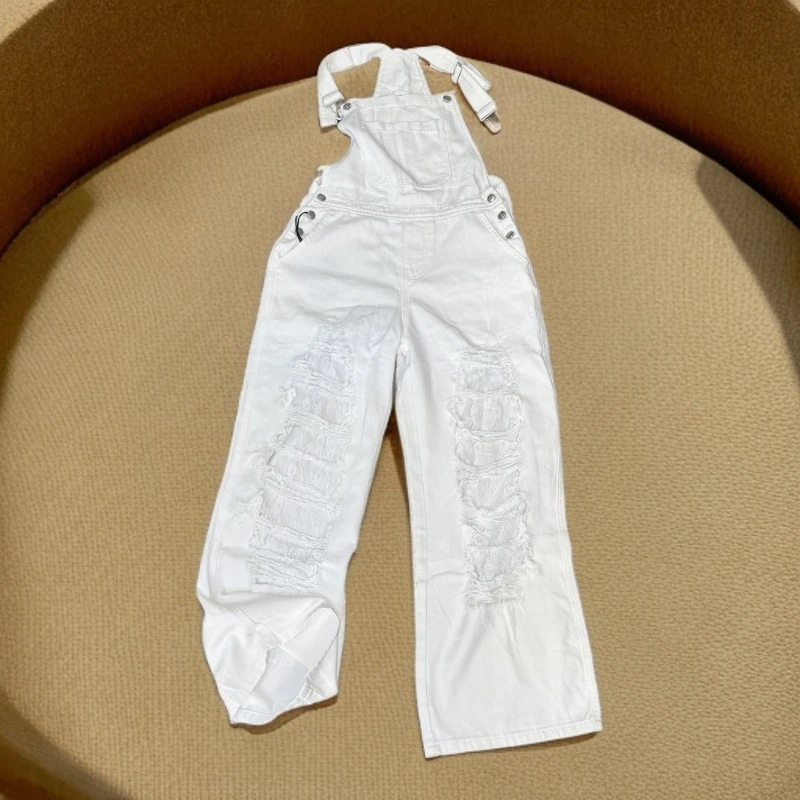 网红爆款雪白色破洞背带长裤99057