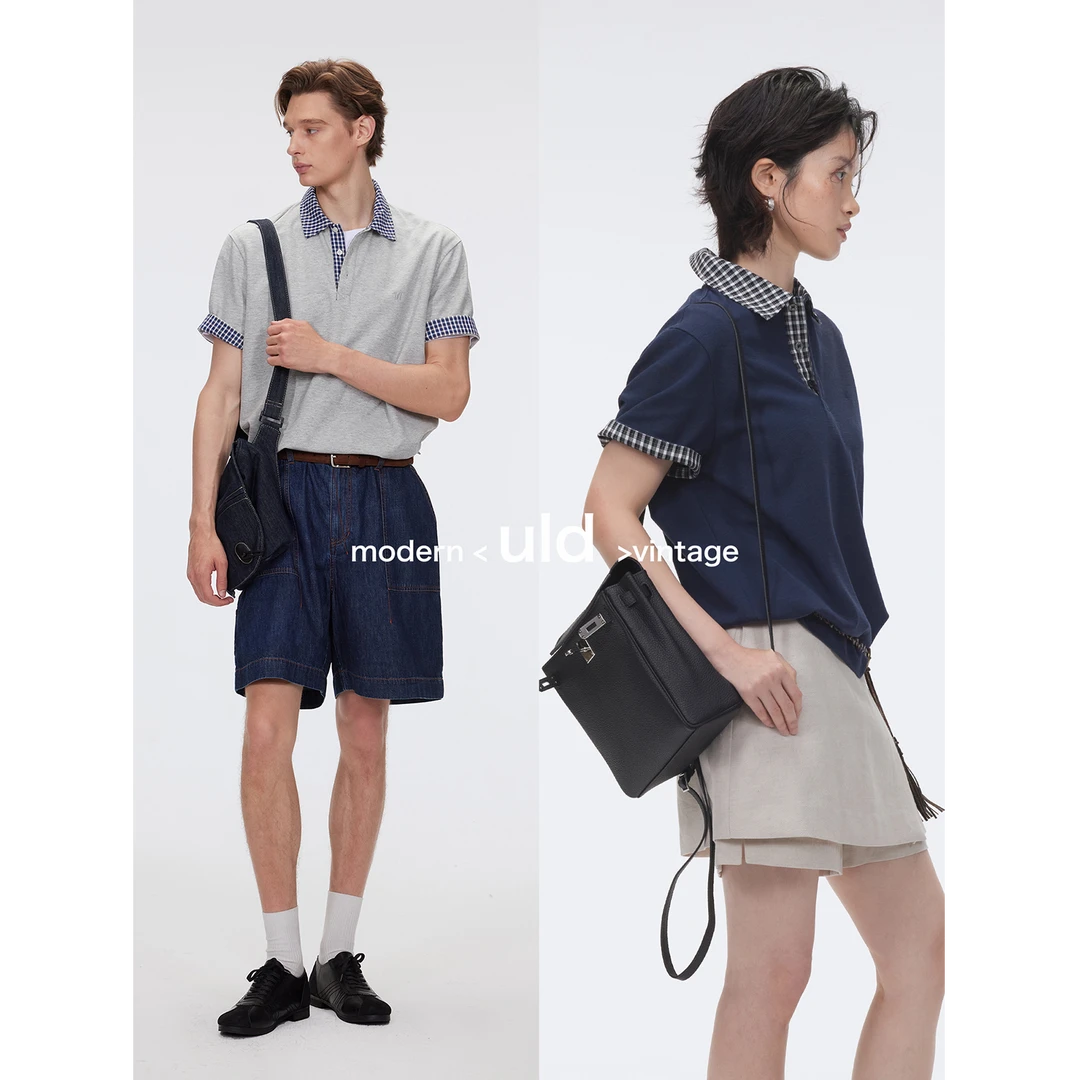 ULD/经典90s中古感夏日纸感新疆棉拼接复古格纹短袖T恤polo