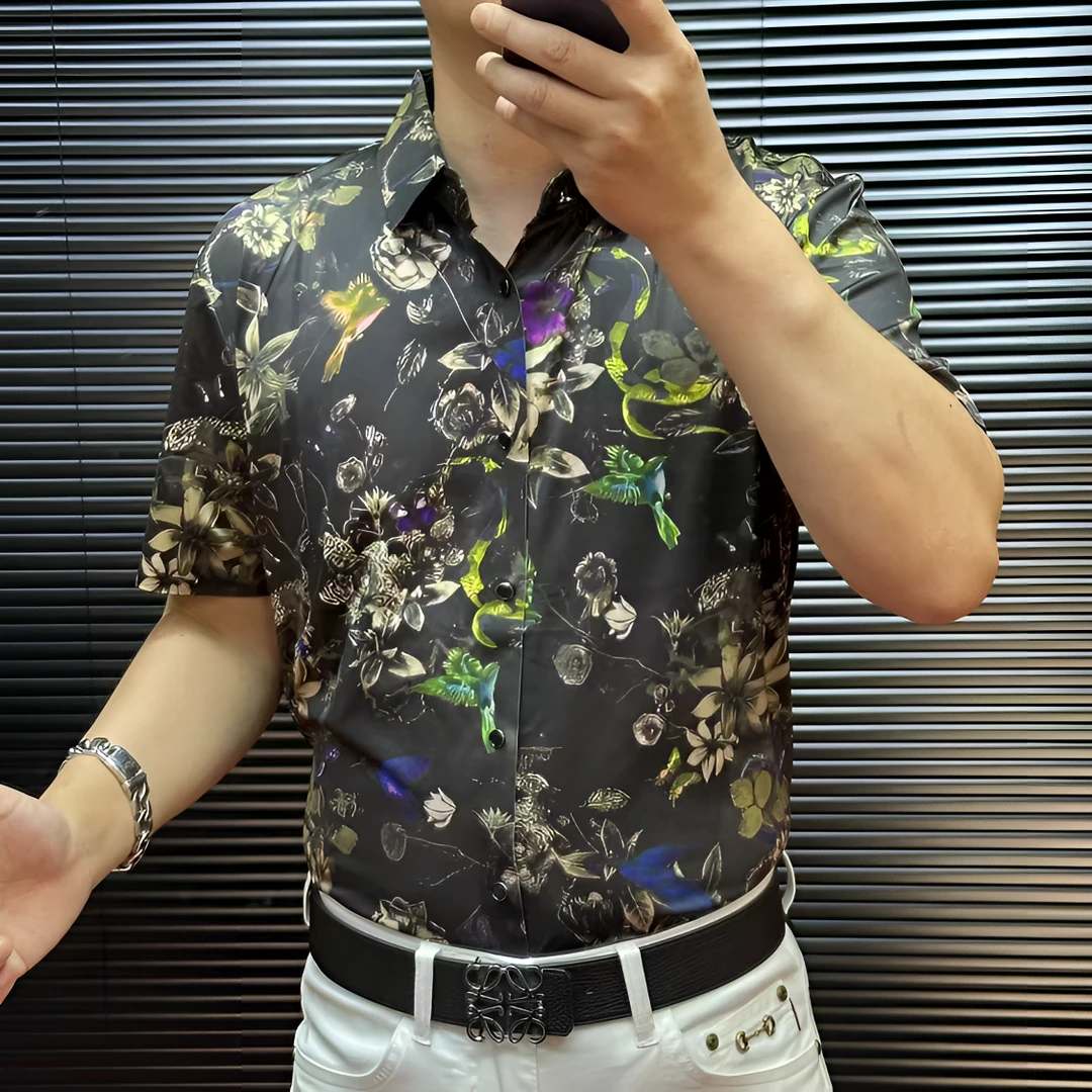 FLD甄选冰丝无缝免烫高弹力高品质多彩碎花休闲短袖衬衫3054