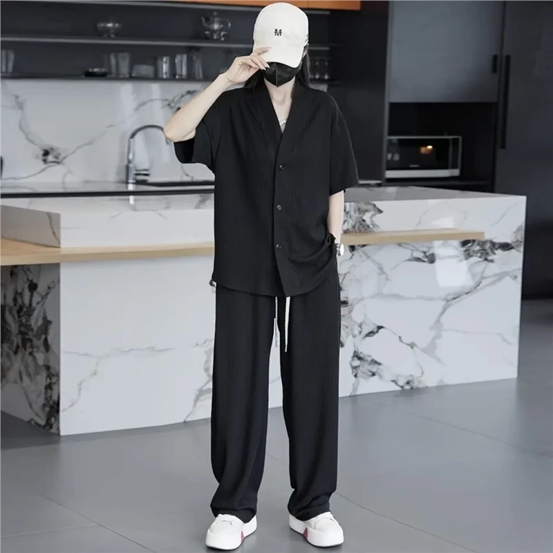 仓石一树2025夏季两件套男士高级感V领冰丝套装情侣同款短袖长裤