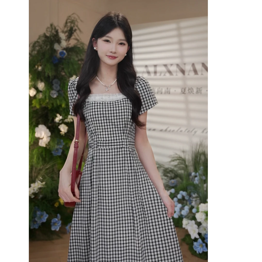 鹿向南「乌托邦假日」黑色格纹显瘦法式长款女夏季新款收腰连衣裙