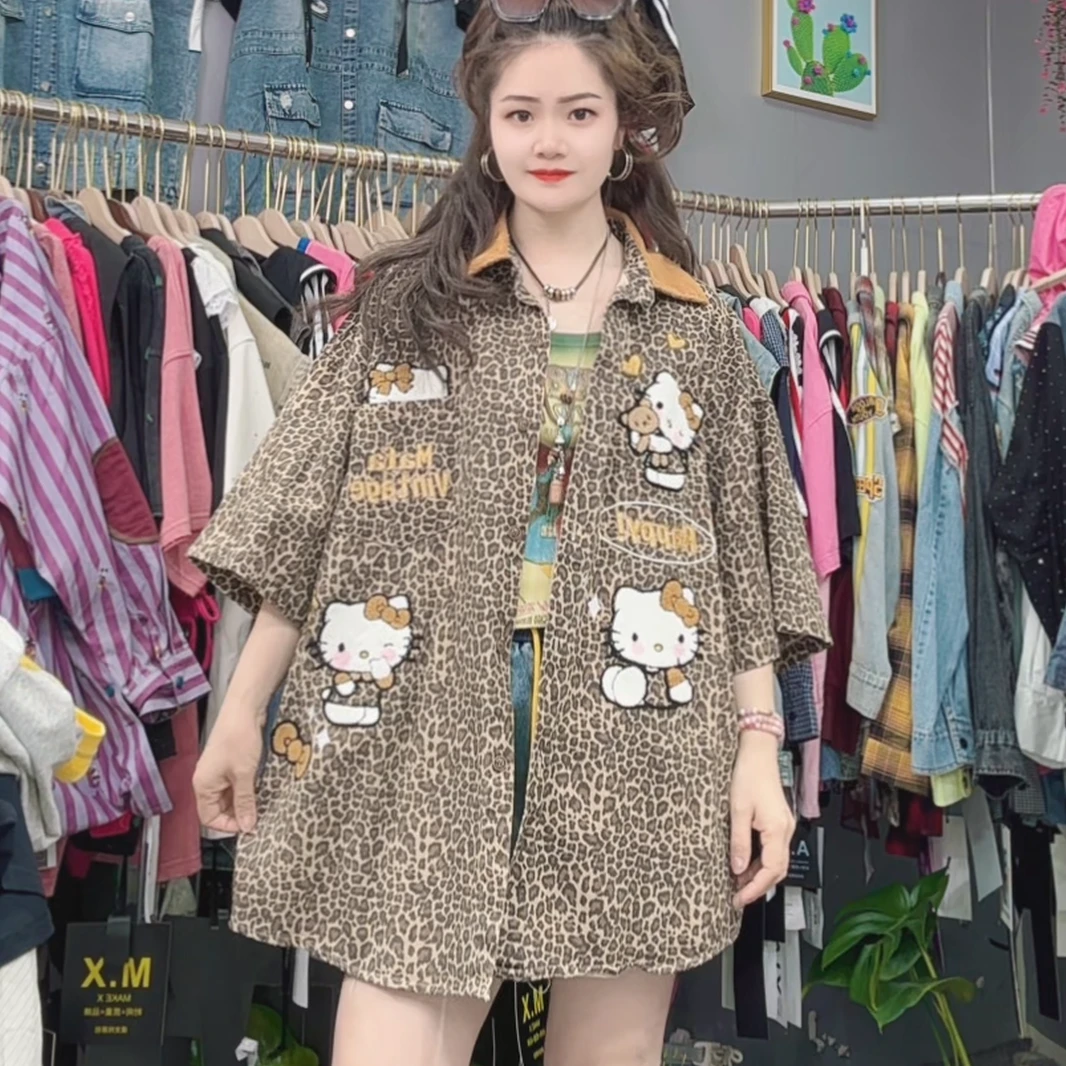 LY家2513# P.F 豹纹卡通布贴短袖衬衫外套