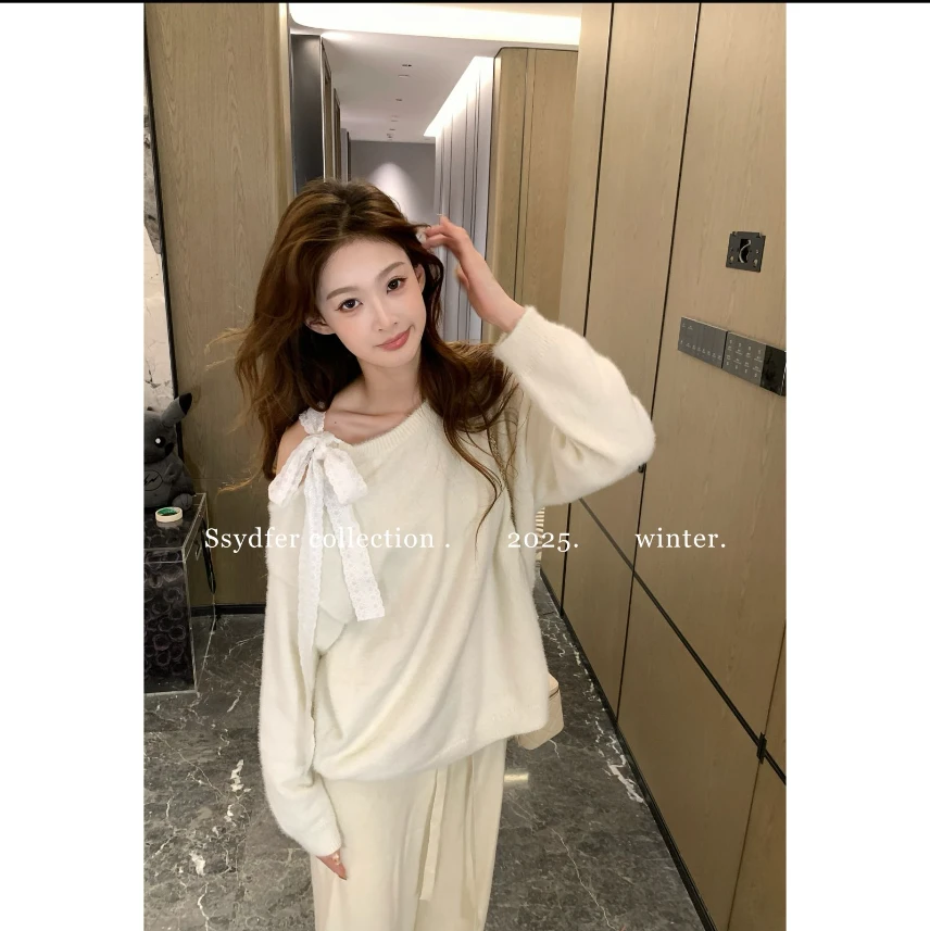 SSYDFER【雪域缪斯】新款针织蝴蝶结拼接毛衣气质小众百搭设计感