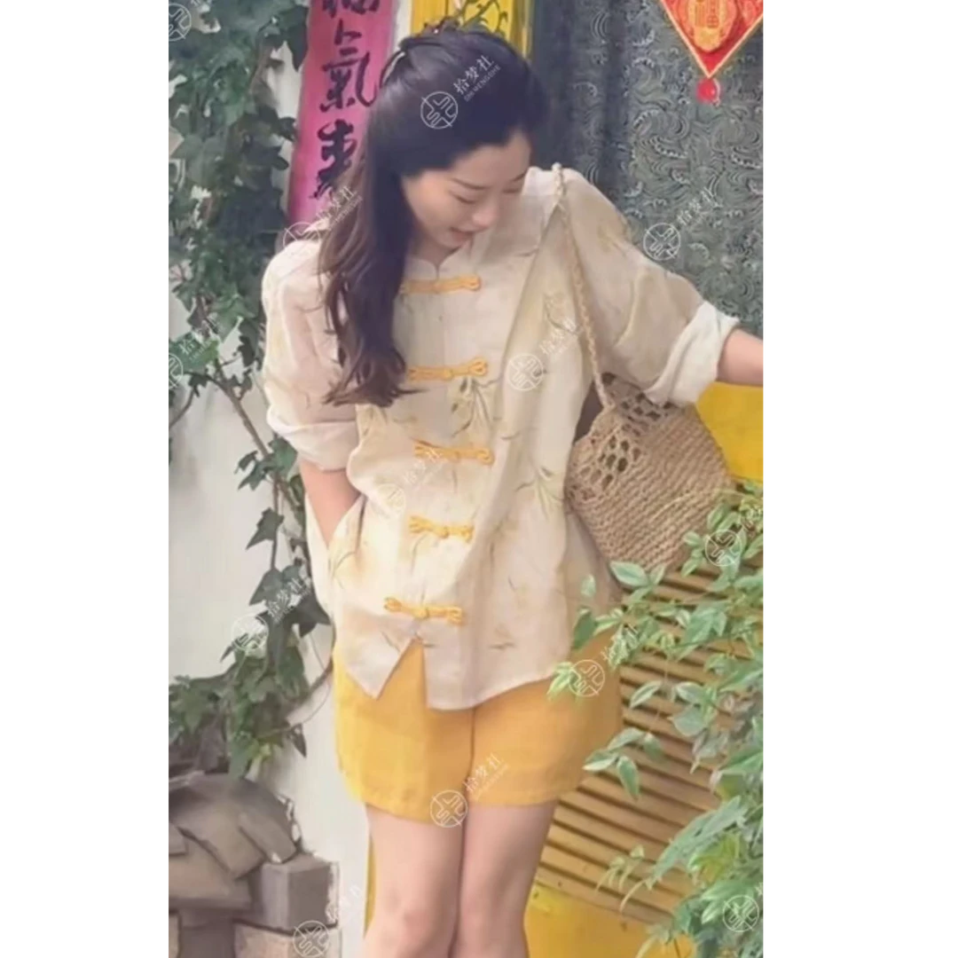 时尚气质国风套装女2025年夏季新款盘扣设计感上衣高腰短裤两件套