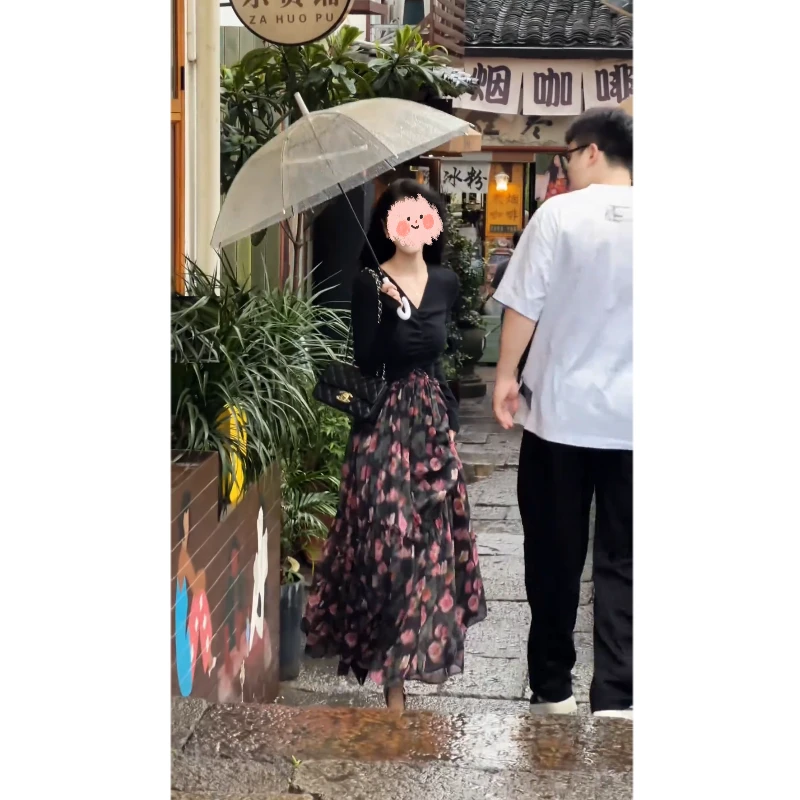 大码【花影呢喃】秋季新款针织拼接碎花设计感连衣裙法式显瘦长裙子