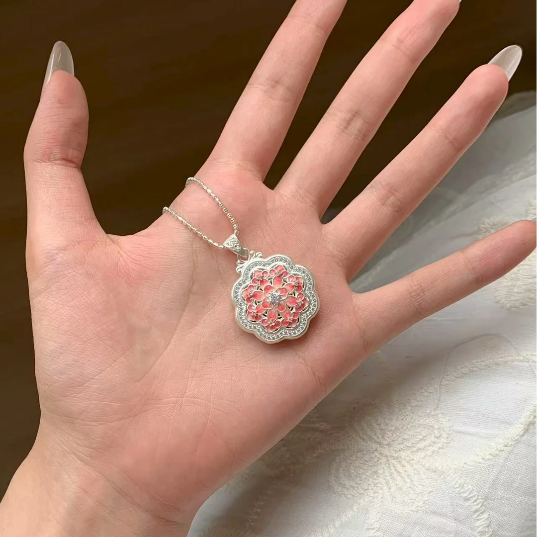 吊坠足银珐琅 燕归yangui“玉雪坞”足银999.9白色桃花吊坠项链